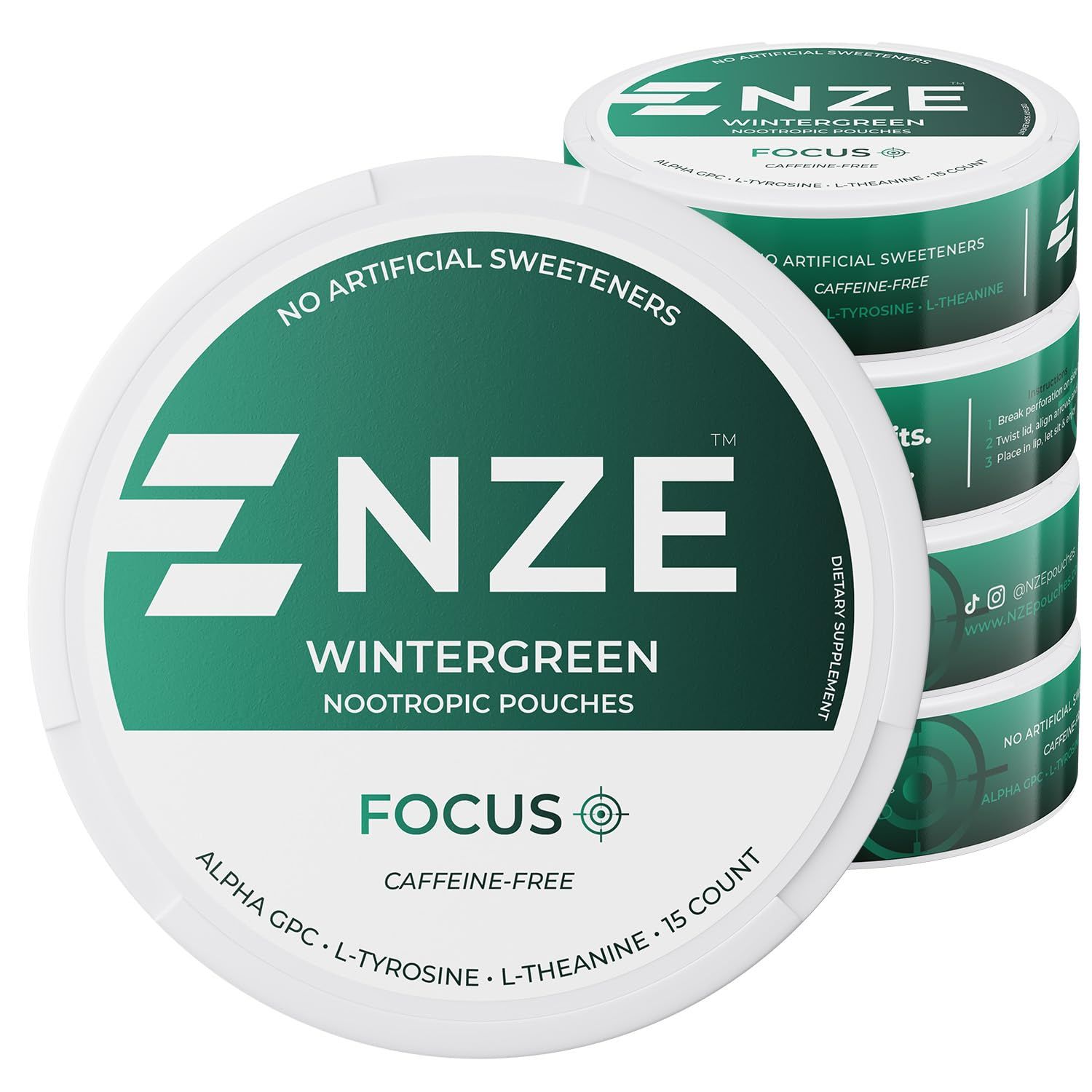 NZE Caffeine Free Nootropic Pouches Wintergreen - Nootropic Pouches with Alpha GPC, L-Tyrosine L-Theanine - No Sugar or Artificial Sweeteners - 15 Nicotine Free Pouches Per Can