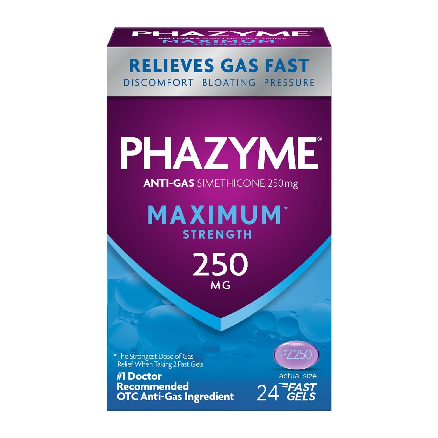 Phazyme Gas Relief, Maximum Strength Gas and Bloating Relief for Adults, 250 mg Simethicone Fast Gels, 24 Count