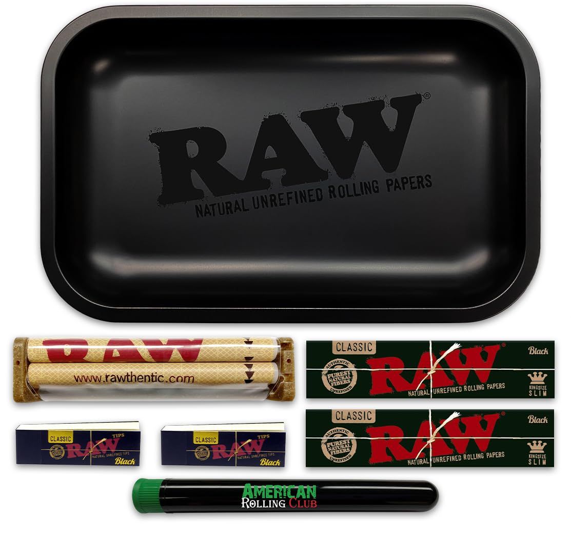 RAW Matte Black Murderd Tray Combo Includes King Size Slim RAW Black Cigarette Papers, Tips, Tray, 110mm Machine ARC Blackout Saver Tube