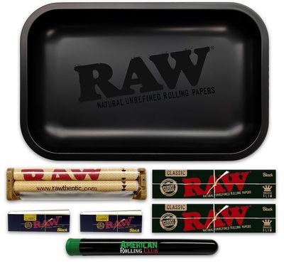 RAW Matte Black Murderd Tray Combo Includes King Size Slim RAW Black Cigarette Papers, Tips, Tray, 110mm Machine ARC Blackout Saver Tube