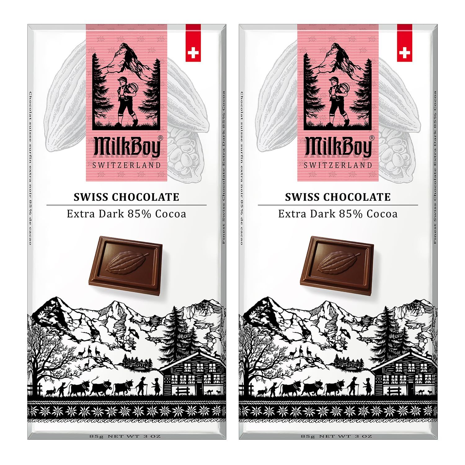 Milkboy Swiss Extra Dark Chocolates - 85 Cocoa, Made in Switzerland, Dairy Free, Vegan, Gluten-Free, Non-GMO, Kosher, Sustainably Farmed, European Chocolate - 3 oz, Pack 2