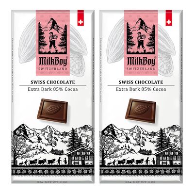 Milkboy Swiss Extra Dark Chocolates - 85 Cocoa, Made in Switzerland, Dairy Free, Vegan, Gluten-Free, Non-GMO, Kosher, Sustainably Farmed, European Chocolate - 3 oz, Pack 2