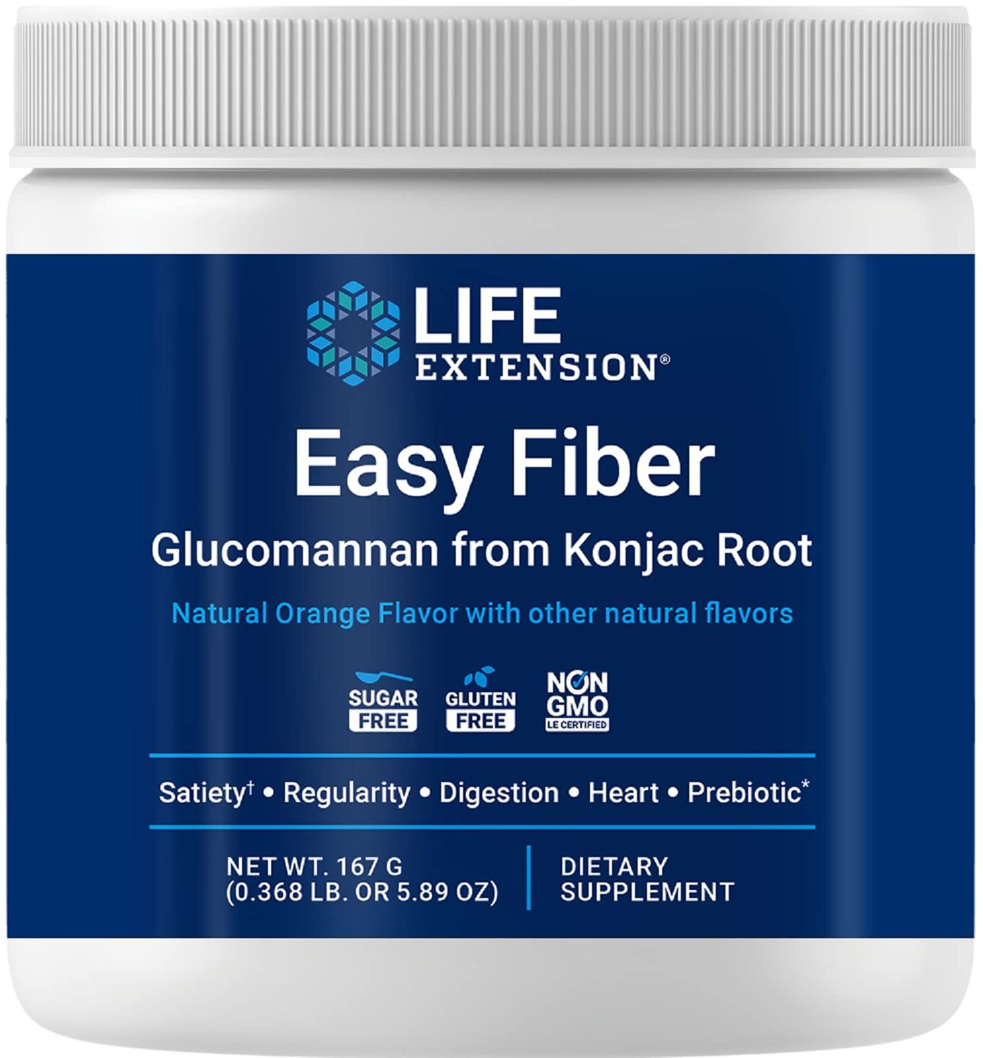 Life Extension Easy Fiber - Glucomannan Fiber, Regularity, Digestion, Heart Health, No Artificial Sweeteners, Vegetarian, Non-GMO, Gluten Free, Sugar Free, Net Wt. 167 G 0.368 Lb. Or 5.89 Oz