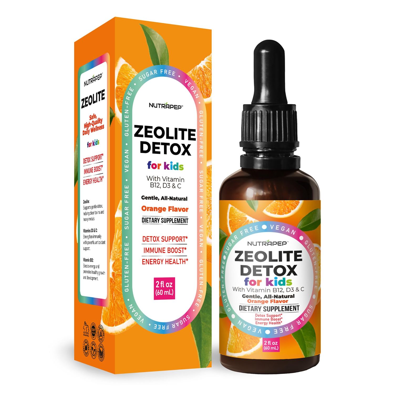 NutraPep Zeolite Detox for Kids - Gentle Micronized Clinoptilolite Supplement with Vitamin B12 C D - Full Body Cleanse Liquid Drops for Children Toddlers - Orange Flavor Vegan Gluten-Free