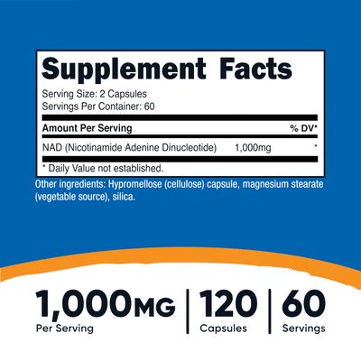 Nutricost NAD Supplement 1,000mg per Serving,120 Capsules Nicotinamide Adenine Dinucleotide - 60 Servings, Gluten-Free, Vegan