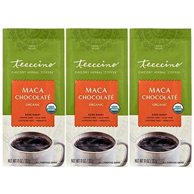 Teeccino Maca Chocolat Chicory Coffee Alternative - Ground Herbal Coffee That s Prebiotic, Caffeine Free Acid Free, Dark Roast, 11 Ounce Pack of 3