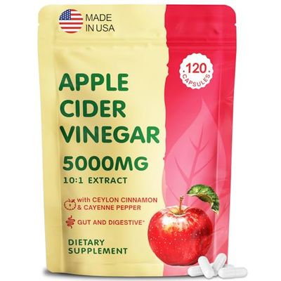 Apple Cider Vinegar Capsules with Mother, Max Strength ACV Pills Supplements with Organic Cayenne Pepper Ceylon Cinnamon, Inulin, Probiotic for Diet, Digestion, Detox, Immune, Non-GMO, 120 Capsules