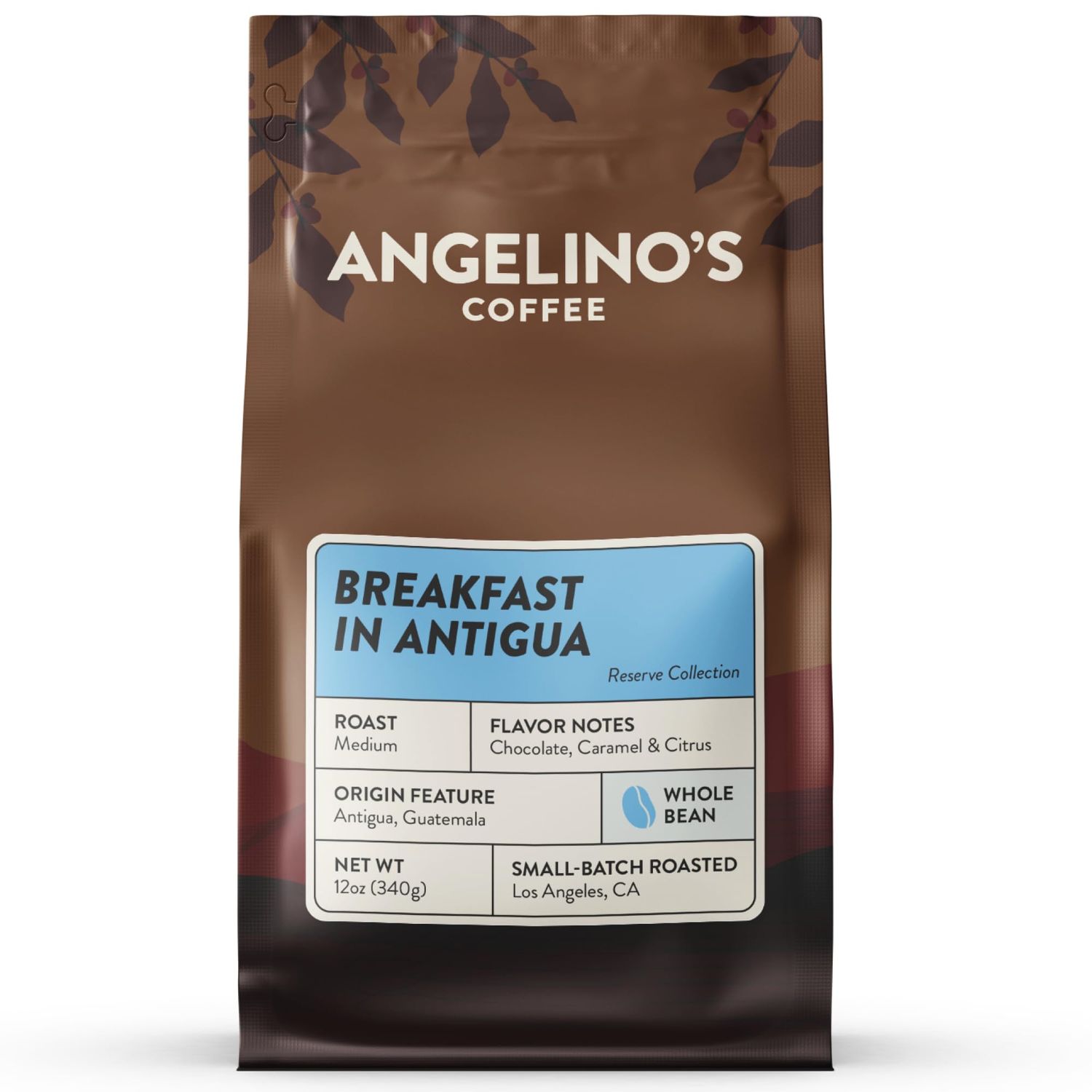 Angelinos Coffee Breakfast Blend Coffee, Reserve 12oz Whole Bean, Medium Roast Guatemala Coffee with Chocolate Caramel Notes, Guatemalan Coffee Beans with Citrus Hints - Breakfast in Antigua