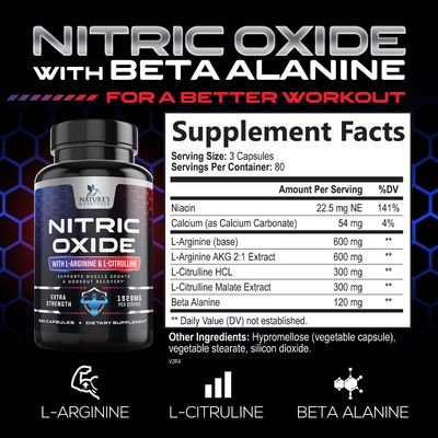 Nitric Oxide Booster Extra Strength - L Arginine 3X Strength Nitric Oxide Support Supplements for Men and Women, Citrulline Muscle, Heart Health, Energy Support Supplement, Non-GMO - 240 Capsules