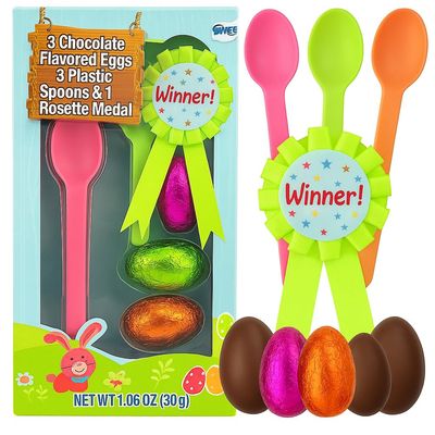Easter Egg And Spoon Race Game Set - 3 Plastic Spoons, 3 Chocolate Eggs Winner Ribbon, Fun Outdoor Relay Activity for Family, Party Game Basket Stuffer