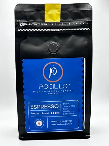 Pocillo Espresso Whole Bean Coffee - Medium Roast, 100 Arabica Gourmet Blend, Rich Chocolate Citrus Notes, Fresh Artisan Roast, 12oz Bag