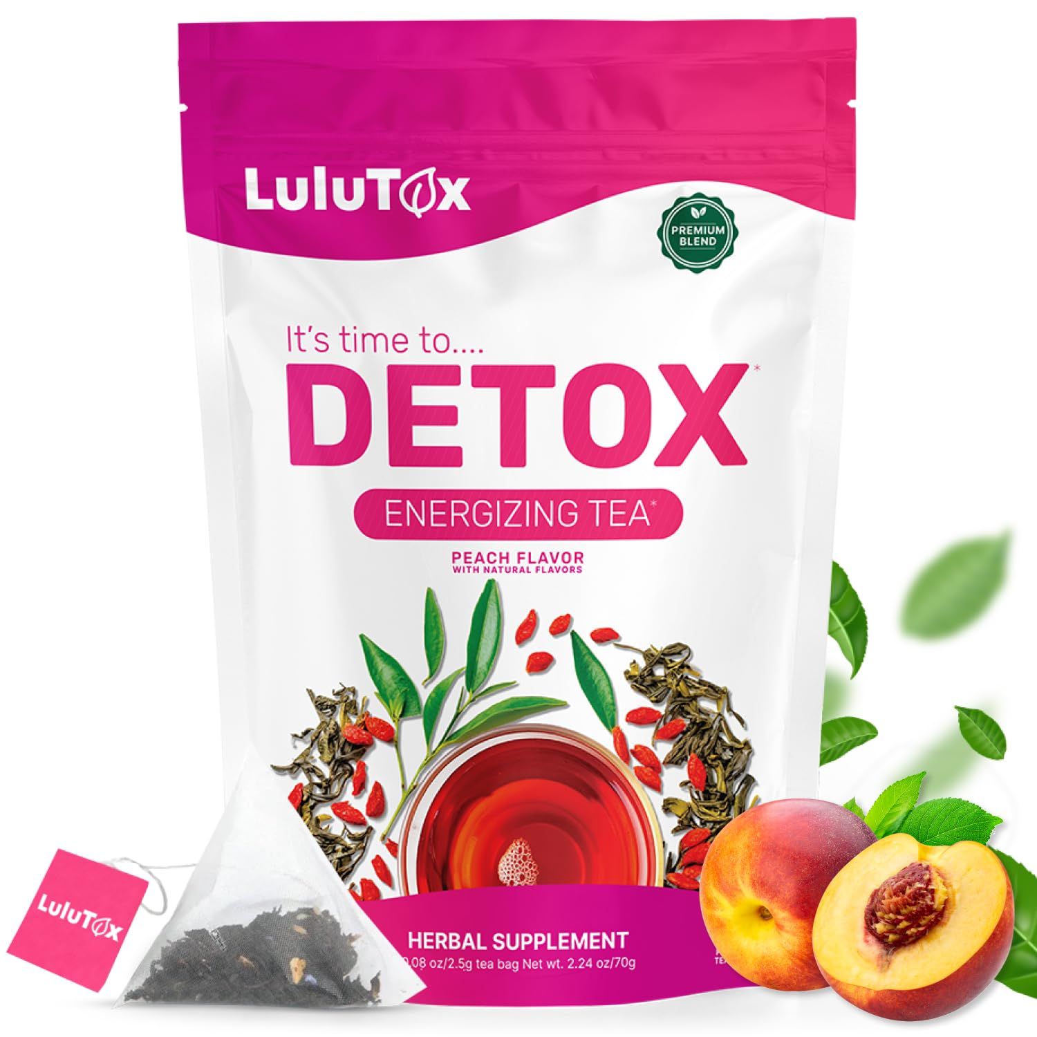 LULUTOX Detox Tea - Slimming Tea with Dandelion and Ginseng to Support Goals for Detox Cleanse, Flat Belly, Bloating, Healthy Weight and Digestive Health - Women Men - Peach Flavor 28 Servings
