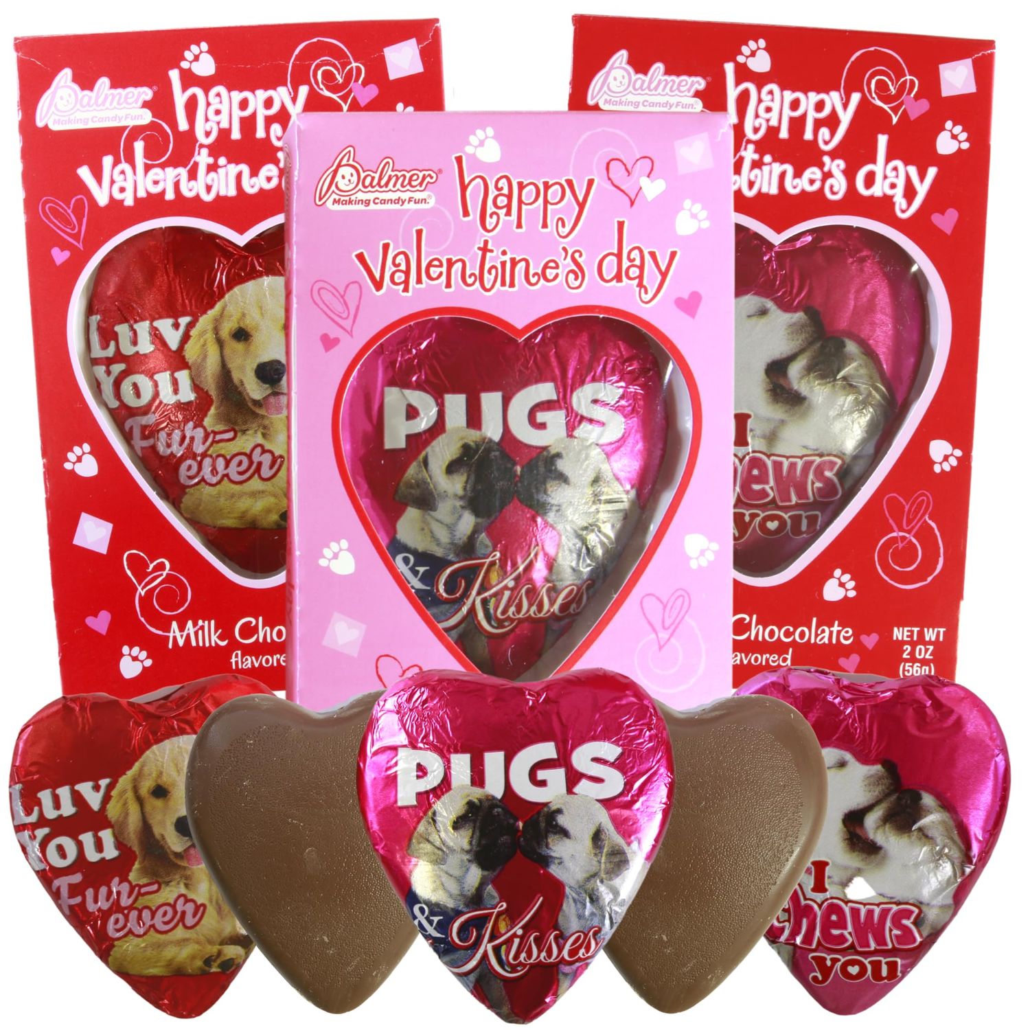 Needzo Pugs, Golden Retriever, and Labrador Valentines Chocolate Gift for Girlfriend, Individually Wrapped, 2 Ounces Pack of 3