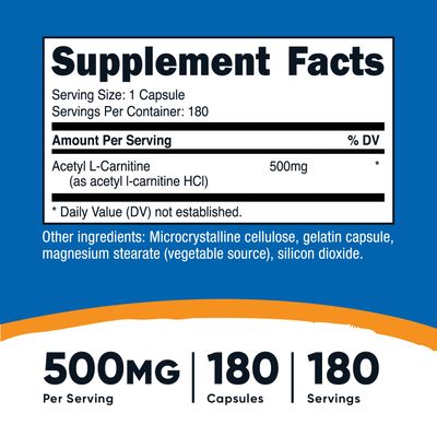 Nutricost Acetyl L-Carnitine 500mg, 180 Capsules - Non-GMO and Gluten Free 3 Bottles