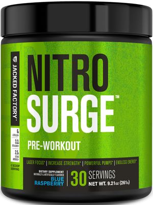 Jacked Factory NITROSURGE Pre Workout Supplement - Energy Booster, Instant Strength Gains, Clear Focus Intense Pumps - NO Booster Powerful Preworkout Energy Powder - 30 Servings, Blue Raspberry