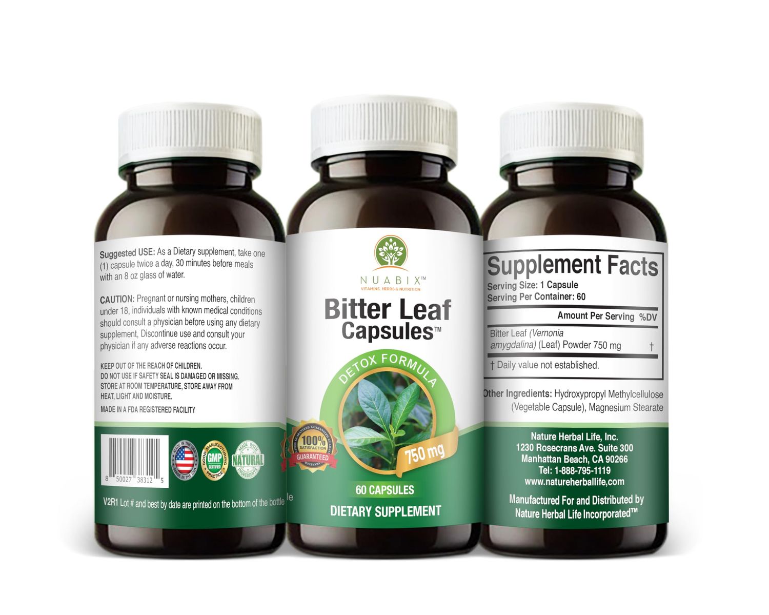 NUABIX Bitter Leaf Capsules. 750mg. 60caps Wellness Dietary Supplement