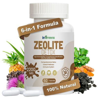 inGreens 2200 MG Zeolite Detox Capsules, 6-in-1 Zeolite Full Body Detox Cleanse - Activated Charcoal Zeolite Clay for Heavy Metal Detox Support Gut Health Milk Thistle, Prebiotic, 60 Capsules