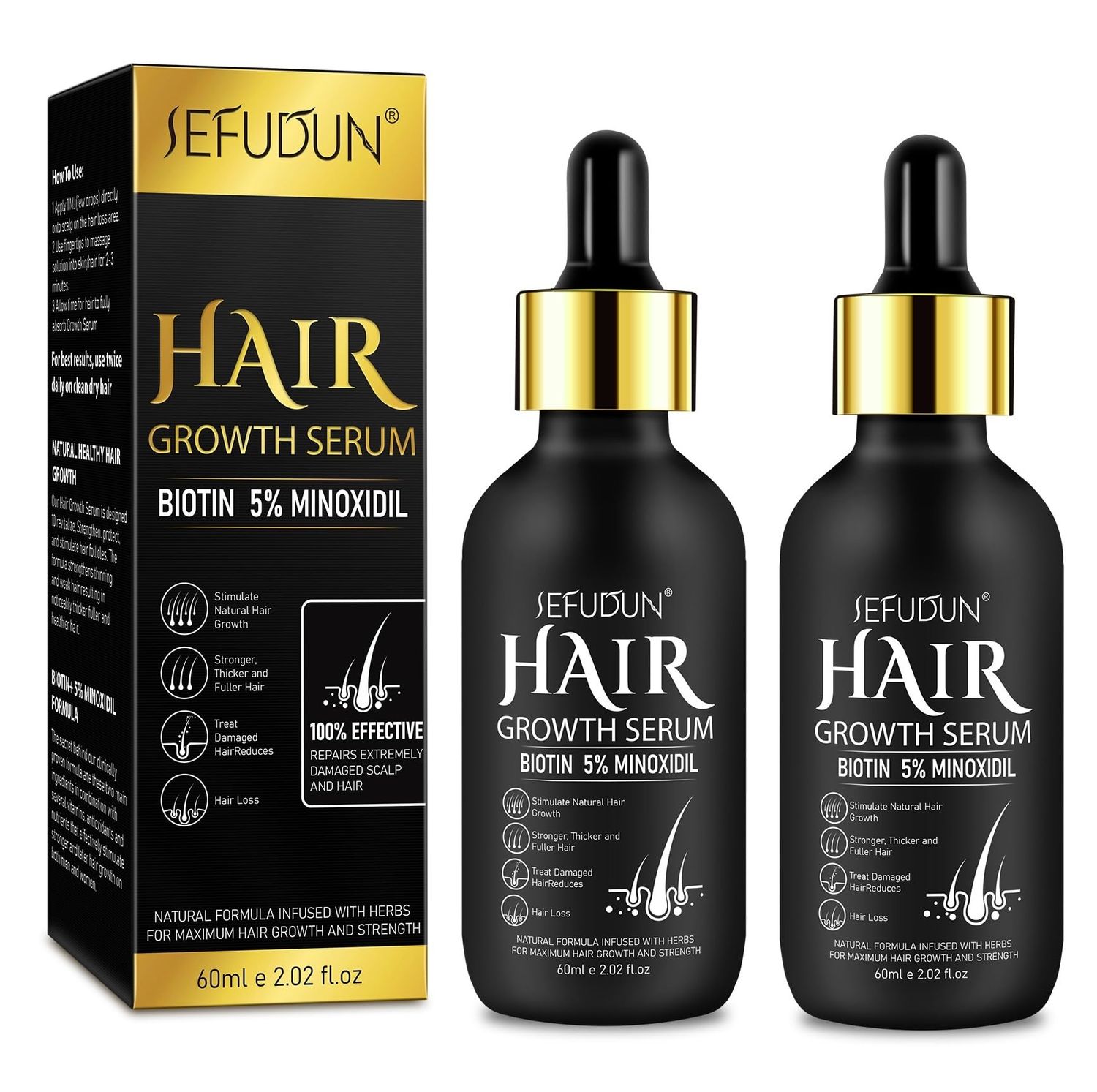 2 Pack Minoxidil for Men and Women Hair Growth Serum - Minoxidil 5 Biotin Hair Regrowth Treatment, Natural Hair Growth for Thicker Longer Fuller Healthier Hair 2.02 Fl oz X 2 4.04Fl oz