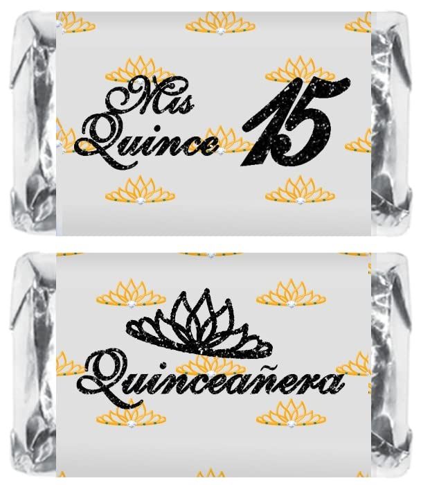 Mis Quince Miniature Candy Bar Wrapper, Quinceanera Mini Chocolate Bar Stickers for 15 Birthday Party, Table Top Event Decorations, Set of 60 Candy Not Included. Black Made in USA