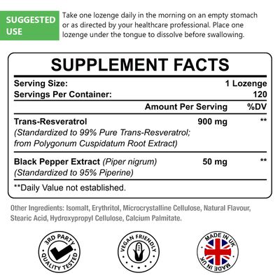 Sublingual Trans-Resveratrol Purity 99, 3-in-1 Advanced Formula Resveratrol Supplement for Boost NAD, Immune Energy Support, Anti-Aging, Skin Overall Health, 120 Lozenge 120-Day Supply