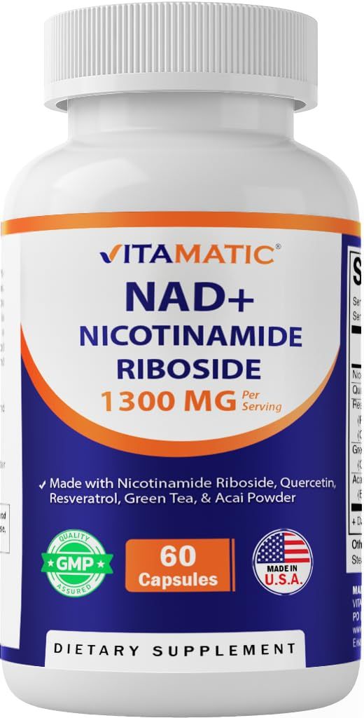Vitamatic NAD Nicotinamide Riboside Supplement 1300mg 60 Ct - Support Healthy Aging, Cellular Energy Production, Made with Riboside, Quercetin, Resveratrol, Green Tea, Acai Powder