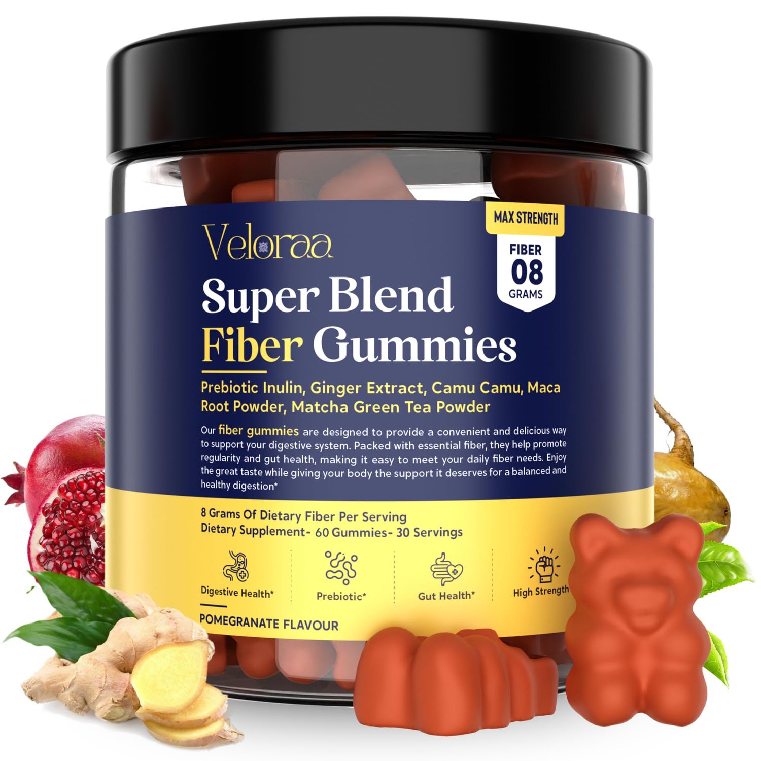 Veloraa Super Blend Fiber Gummies for Adults - 8g Prebiotic Fiber Gummies, Supports Digestive Health, Bloating Relief Wellness, Infused with Ginger, Camu Camu Matcha, Strawberry Flavor - 60 Count