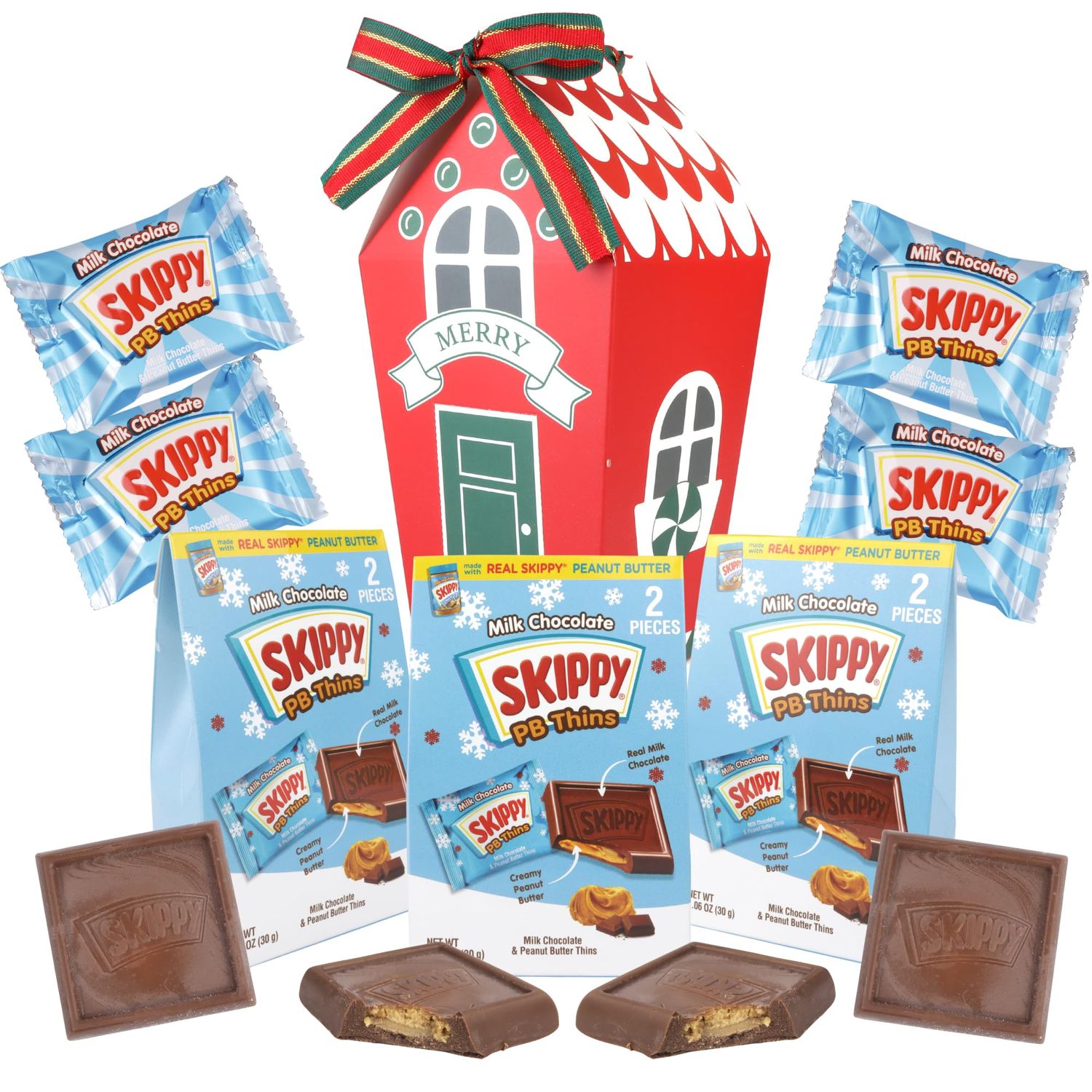Christmas Peanut Butter Chocolate Thins with Gift Box, Individually Wrapped Pieces, Festive Holiday Treats, 4 Items