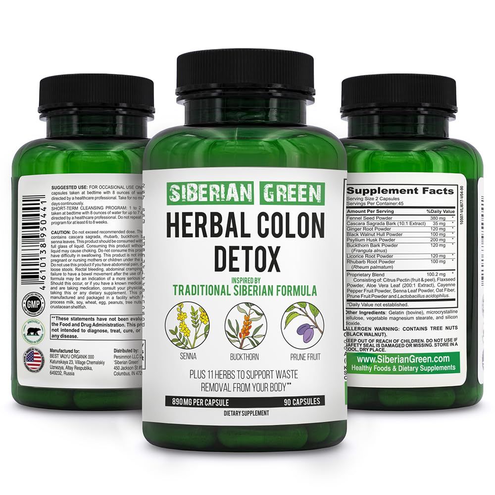 Siberian Green Herbal Colon Detox with Senna Buckthorn Prune Fruit 90 Capsules - Traditional Siberian Formula 14 Herbs Probiotic to Cleanse Colon and Detox Body