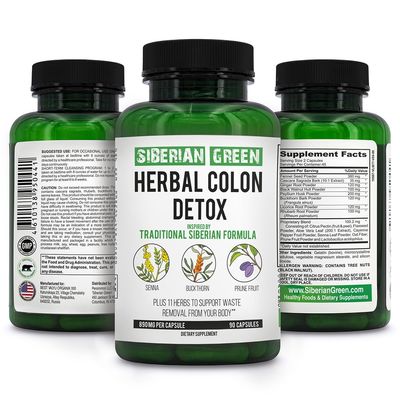Siberian Green Herbal Colon Detox with Senna Buckthorn Prune Fruit 90 Capsules - Traditional Siberian Formula 14 Herbs Probiotic to Cleanse Colon and Detox Body