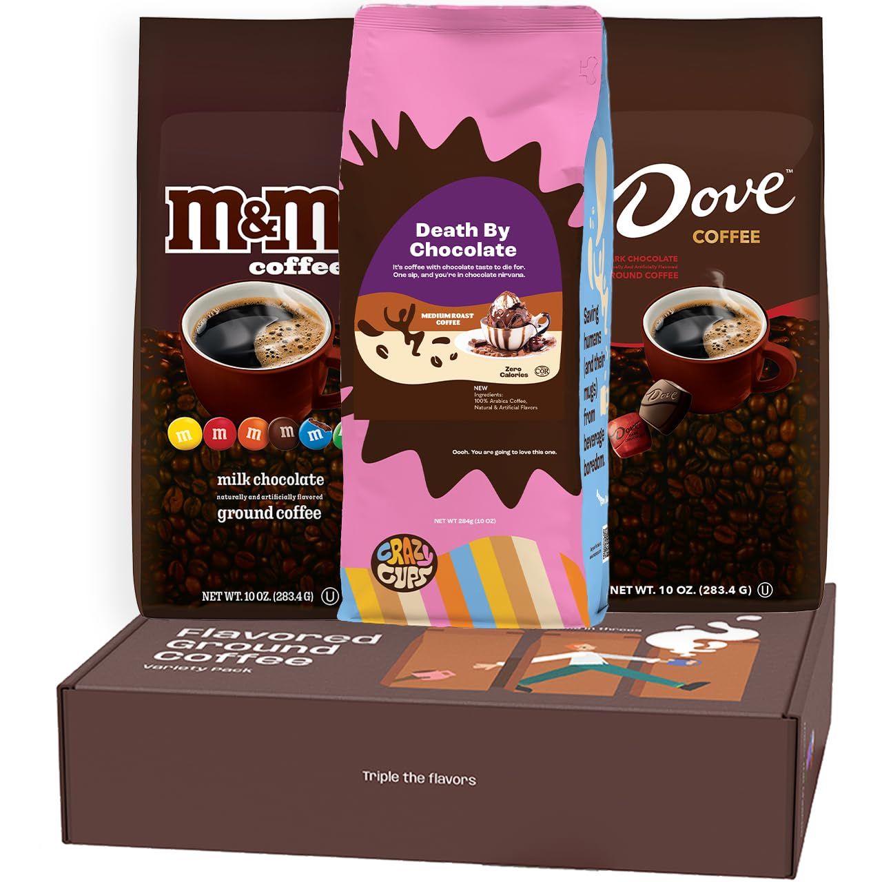 Perfect Samplers Flavored Ground Coffee Gift Box Variety Pack, MM, Dove, Death by Chocolate Coffee Medium Roast Ground Coffee Sampler, 3 Pack