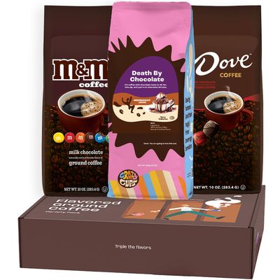 Perfect Samplers Flavored Ground Coffee Gift Box Variety Pack, MM, Dove, Death by Chocolate Coffee Medium Roast Ground Coffee Sampler, 3 Pack