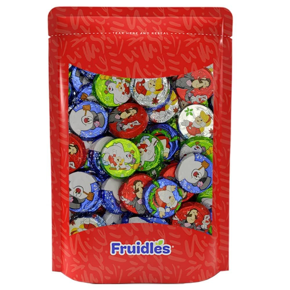 Fruidles Christmas Milk Chocolate Snowman Themed Discs, Double Crisps, Party Bag Fillers, Individually Wrapped Foils, Kosher Certified Dairy 2 Pounds