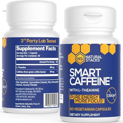 NATURAL STACKS Smart Caffeine Pills - 100mg Caffeine 200mg L-Theanine Supplement - Supports Energy and Focus - No Jitters and No Crash - 60 Capsules