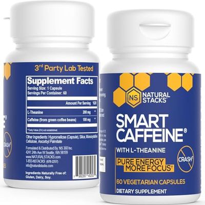 NATURAL STACKS Smart Caffeine Pills - 100mg Caffeine 200mg L-Theanine Supplement - Supports Energy and Focus - No Jitters and No Crash - 60 Capsules