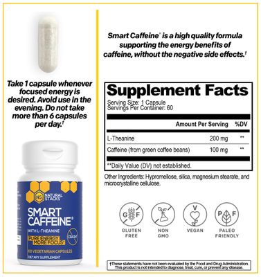 NATURAL STACKS Smart Caffeine Pills - 100mg Caffeine 200mg L-Theanine Supplement - Supports Energy and Focus - No Jitters and No Crash - 60 Capsules