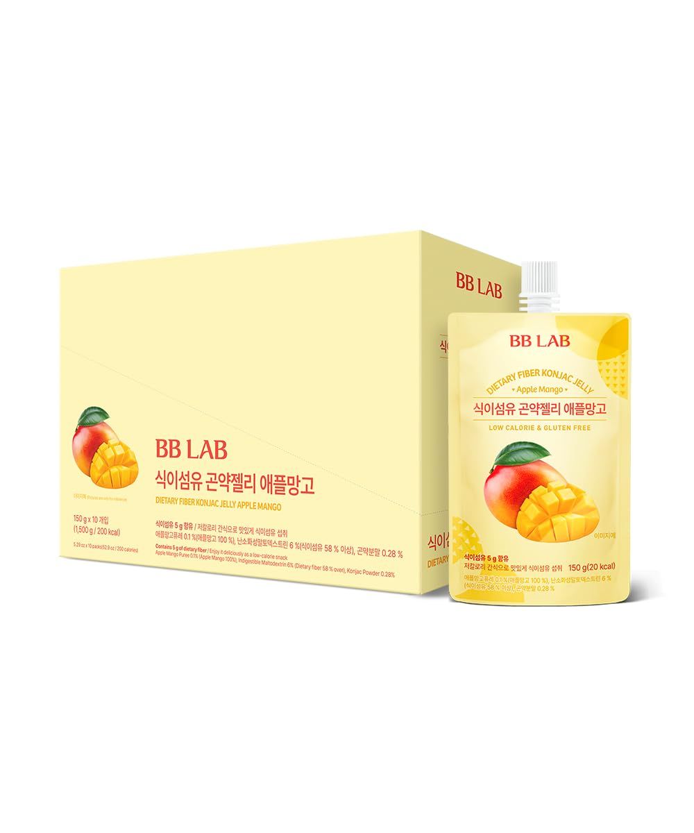 BB LAB Dietary Fiber Konjac Jelly, Apple Mango 10 Packs52.9 oz - 5g Fiber, Low-Calorie, Low Sugar 1g, Healthy Korean Snack, Vegan, Gluten-Free, Fiber-Rich Jelly Drink