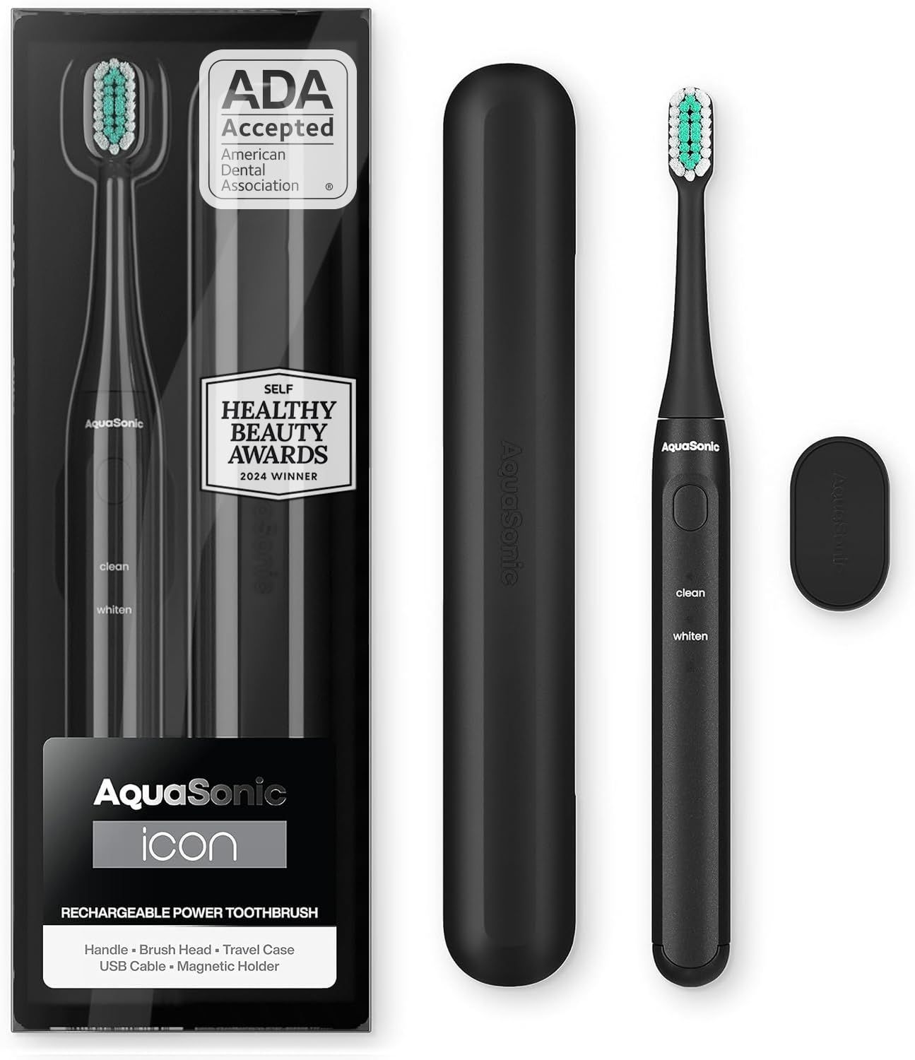 Aquasonic Icon ADA-Accepted Rechargeable Toothbrush Magnetic Holder Slim Travel Case 2 Brushing Modes Smart Timers Gentle Micro-VibrationsOnyx