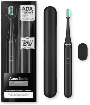 Aquasonic Icon ADA-Accepted Rechargeable Toothbrush Magnetic Holder Slim Travel Case 2 Brushing Modes Smart Timers Gentle Micro-VibrationsOnyx