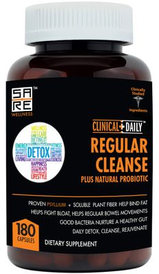 Clinical Daily Regular Cleanse Plus Natural Probiotic - Colon Cleanse Gut Detox Supplement - Assists with Energy and Constipation Relief - Herbal Dietary Fiber Psyllium Husk Capsules - 180 Count