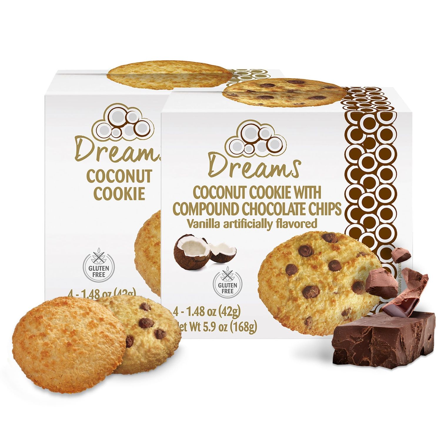 Dreams Large Cookies - 2 Boxes 8 Cookies Total, 1 Box of Coconut with Chocolate Chip 1 Box of Plain Coconut, Gluten-Free, High Fiber, Guilt-Free, Wholesome Snack with an Artisanal Recipe 11.8oz 336g