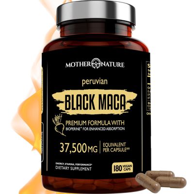 Mother Nature 37,500mg 50x Strength Organic Highly Concentrated Peruvian Black Maca Root Capsules for Men 100 Pure Maca Peruana 50:1 Extract to Boost Stamina, Enegy, Muscle Gain - 180ct
