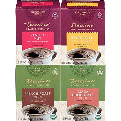 Teeccino Herbal Tea Variety Pack - Vanilla Nut, Hazelnut, Maca Chocolat , French Roast - Roasted Herbal Tea That s Caffeine Free Prebiotic for Natural Energy, 10 Tea Bags Pack of 4