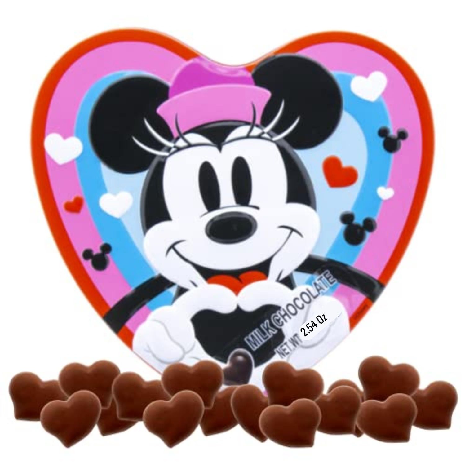 Minnie Heart Shaped Tin with Milk Chocolate Candy Treats, Valentine s Gift Basket Filler, Present for Loved Ones, More, 2.54 Ounces
