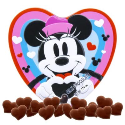 Minnie Heart Shaped Tin with Milk Chocolate Candy Treats, Valentine s Gift Basket Filler, Present for Loved Ones, More, 2.54 Ounces