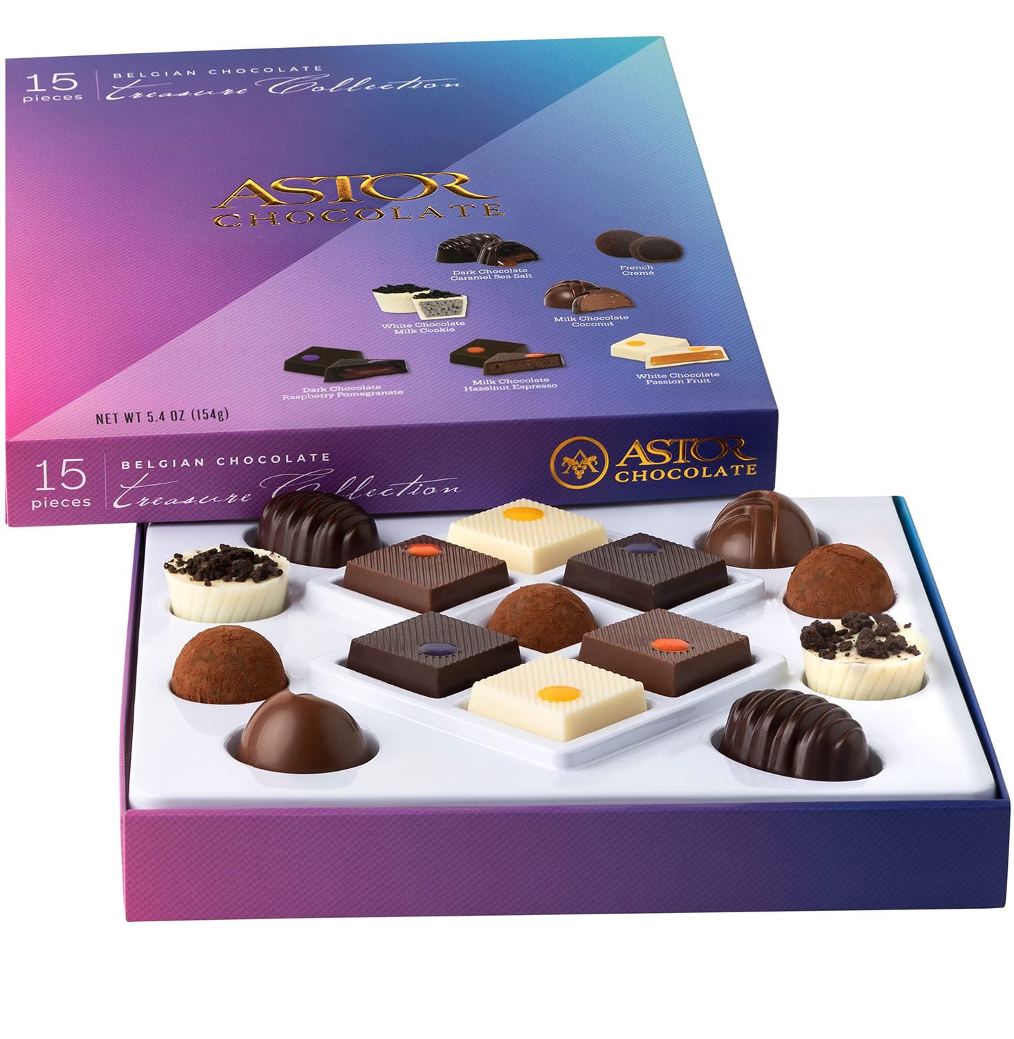 Gourmet Chocolate Truffles Gift Box, Astor Chocolate Treats Collection, 15 Assorted Belgian Chocolate Candy Gifts for for Her and Him with 7 Delectable Flavors, Kosher
