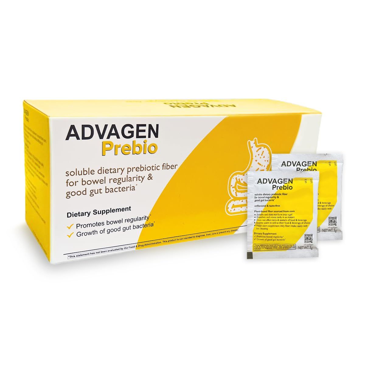 ADVAGEN Prebio Fiber Supplement Powder Unflavored - Soluble Prebiotic Fiber Powder On The Go Packets, Supports Digestive Health, Bloating Constipation for Women Men, 30 Servings
