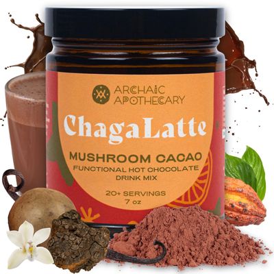 ChagaLatte - Chaga Mushroom Cacao Beverage Blend Superfood Mushroom Chaga Supplement Hot Cocoa Energy Boost wAdaptogens Sugar Free Monkfruit Mushroom Coffee Alternative Drink Mix