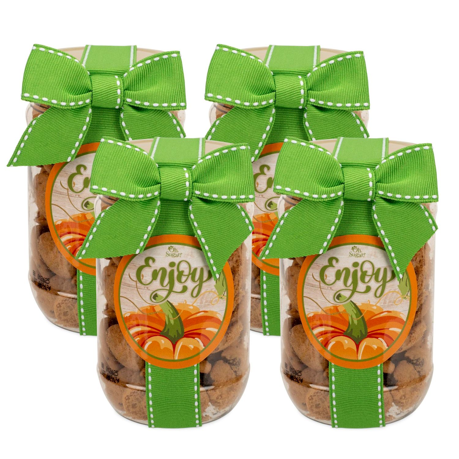 100 North Oh Sugar Sweets Fall Autumn 5 Ounce Decorative Container With Green Bow, Tasty Delicious Chocolate Chip Cookies, Enjoy, 4 Pack
