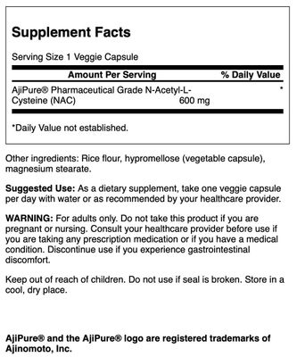 Swanson Amino Acid Ajipure N-Acetyl-L-Cysteine Pharmaceutical Grade 600 Milligrams 60 Veg Capsules
