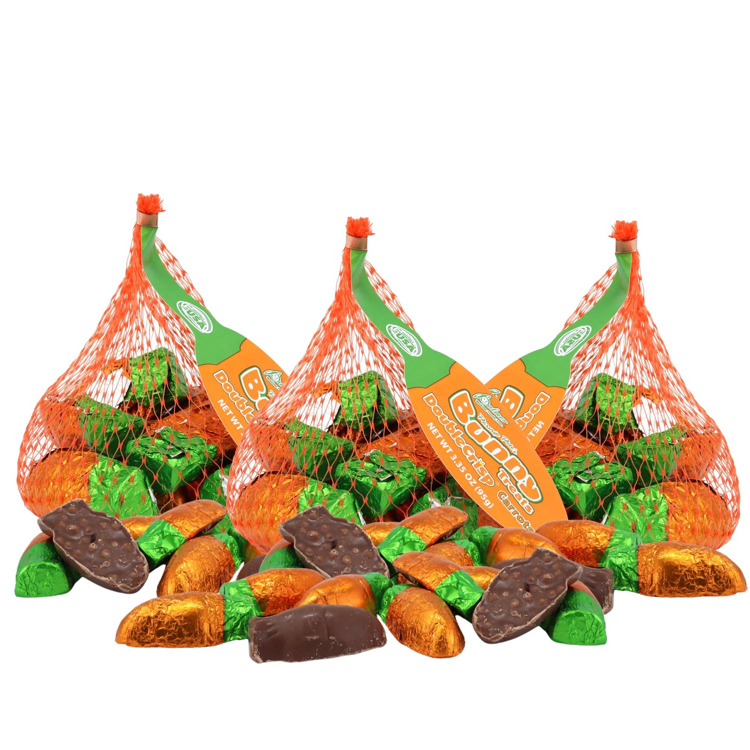 Needzo Crispy Chocolate Carrot Shaped Treats in Mesh Bag, Easter Basket Candies, 3.35 Ounces Pack of 3